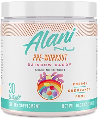 Alani Nu Pre Workout Supplement Powder for Energy, Endurance & Pump | Sugar Free | 200mg Caffeine | Formulated with Amino Acids Like L-Theanine to Prevent Crashing | Rainbow Candy, 30 Servings