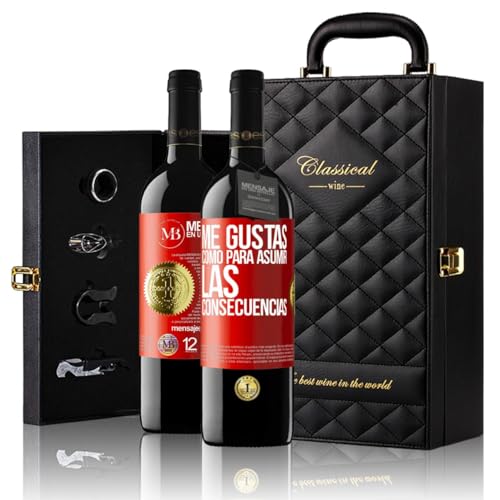 «Me gustas como para asumir las consecuencias» Mensaje en una Botella. Estuche-Maletín de LUJO 2x Vino Tinto Premium Reserva 12 Meses y Set de 4 Accesorios. Etiqueta Roja PERSONALIZABLE