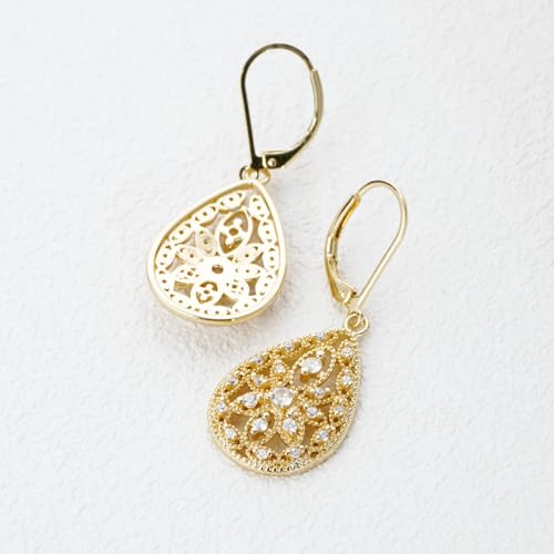 OWADAR 925 Sterling Silver Teardrop Dangle Earrings for Women, Cubic Zirconia Filigree Drop Earrings, Gold Leverback Earrings for Women Jewelry Gifts by OWADAR - Used condition - Image 5