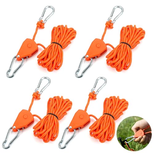 4 Stück Abspannseile mit Seilspanner 4 m Einstellbare Seilratsche mit Haken 4 mm Windfestes Seil zur Einstellung der Riemenscheibe Zeltschnur mit Spanner Reflektierende Abspannseile für Sonnensegel