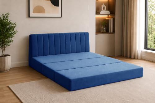 Image of 3-Seater Velvet Sofa Cum Bed | Convertible Sleeper Sofa | Modern Foldable Couch for Living Room, Bedroom & Office | Blue