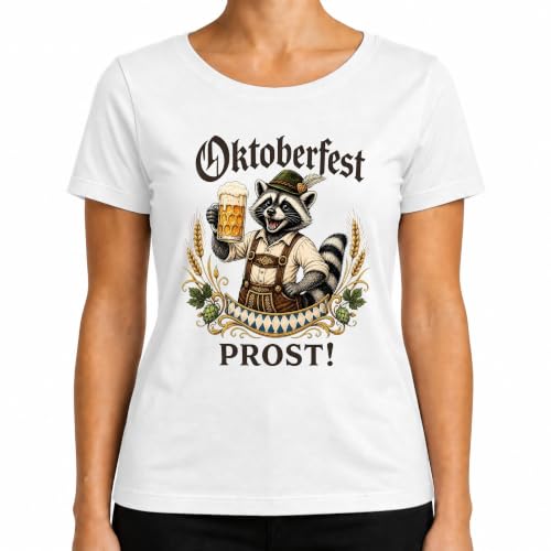 Image of Oktoberfest Prost! Raccoon Leather Trousers Beer Mug Women's T-Shirt, White, 3XL