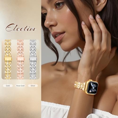 ELECTIM Bling Diamond Band Compatible with Apple Watch Bands for Women 38mm 40mm 41mm 42mm for iWatch Series 11/10/9/8/7/6/5/4 SE 3/2/1, Dressy Jewelry Gold Wristband Strap Shiny Bracelet by ELECTIM - Used condition - Image 4