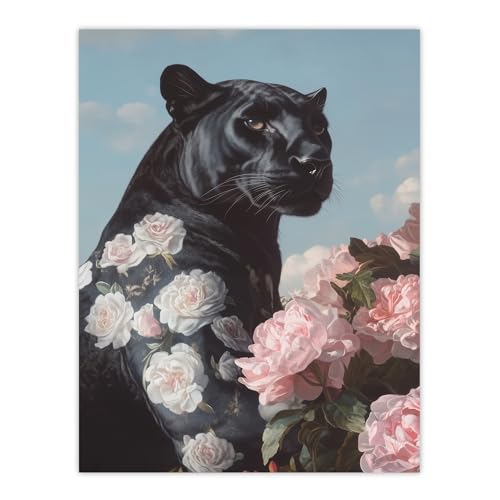 Artery8 Black Panther White Pink Roses Floral Portrait Living Room Unframed Wall Art Print Poster Home Decor Premium