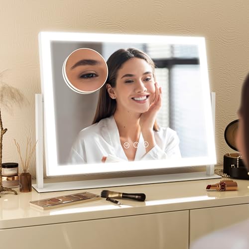 Image of FENNIO Vanity Mirror with Lights 13'' x 17'' Makeup Mirror with Lights,Vanity Mirror Touch Screen with 3-Color Lighting,Dimmable,for Vanity Desk Bedroom White