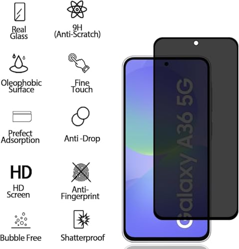 Image of ZARALA Privacy Tempered Glass Screen Protector for Samsung Galaxy A36 /A56 5G | Privacy Tempered Glass Guard Samsung Galaxy A36 /A56 5G - HD /Fingerprint Note Working /9H Hardness