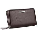 Long Wallet for Men with 12 Card Slots, Waterproof Leather Zipper Wallets for Men, Travle Wallet Clutch Men for Phone Cash and Card, Gift for Father Son Husband Boyfriend (Coffee)