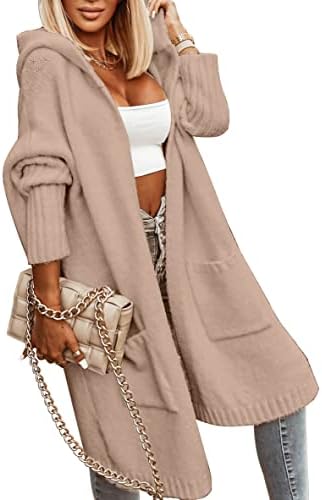 Aoysky Womens Long Cardigans Cable Knitted Open Front Oversized Hooded Outerwear Sweater Coat Apricot