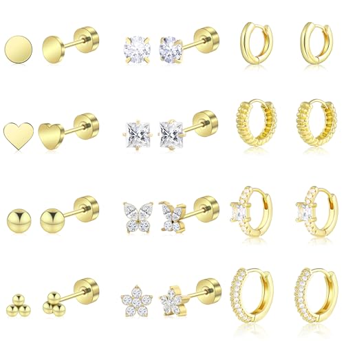 Wgoud 12 Pairs Hypoallergenic Surgical Steel Earrings for Sensitive Ears Waterproof Trendy Gold Plated Small Stud Flat Back Stainless Steel Earrings for Women Men Hoop Cartilage Earring Set for Multiple Piercing