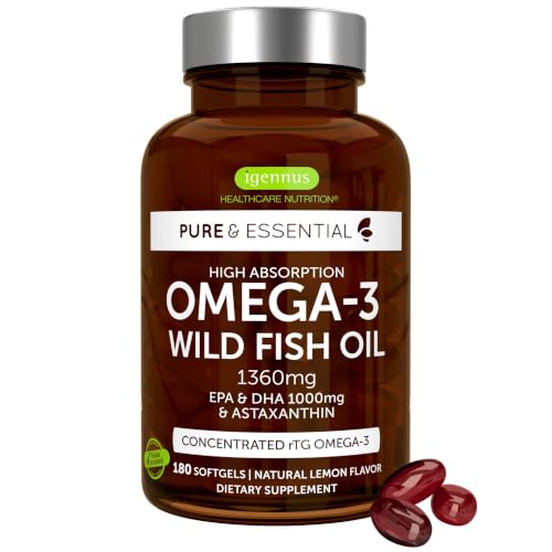 Igennus Ultra Pure Omega 3 Triglyceride rTG Wild Fish Oil 1360mg IFOS Certified EPA DHA 1000mg Plus Astaxanthin Non-GMO for Men & Women 180 Softgels