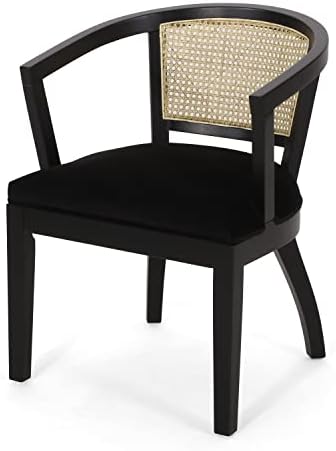 Christopher Knight Home Toren Velvet Upholstered Dining Chairs Set of 2, Wooden Dining Armchair with Cane Backrest, Comfy Kitchen Side Chair, Black