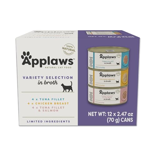 Image of Applaws Fish & Chicken Variety Pack Wet Cat Food in Broth 12-Pack, High Protein, Limited Ingredient, Grain Free, Canned Cat Food, No Fillers or Artificial Additives (12 x 2.47 oz Cans)