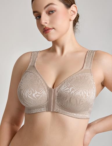 Image of Wingslove Women's Front Closure Minimizer Bra Full Coverage Wirefree Comfort Plus Size Racerback Jacquard Non Padded