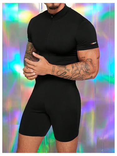 SHENHE Men's Short Sleeve Mock Neck Bodysuit Full Body Zip Up Leotard Slim Fit Jumpsuits3