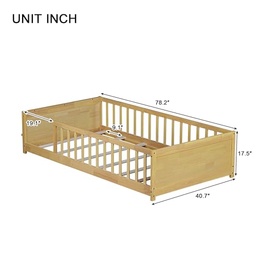 Image of Bellemave Twin Size Kids Montessori Floor Bed,Twin Floor Bed Frame with Slats and Bookcase,Solid Wood Montessori Bed for Girls Boys,Natural