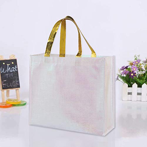 Natubeau Set Of 12 Glossy Reusable Grocery Shopping Bags Non-Woven Gift Bags Stylish Tote Bags With Handle Goodies Bag White Tote Bags For Women Bridesmaid Birthday Party Wedding Christmas (White) #TOP1