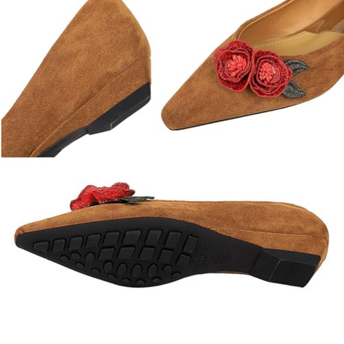 Women's Flower Pointed Toe Suede Flat Shoes Fashionable Faux Suede Flower Ballet Flat Comfortable Slip on Loafers Low Slope Heel Shoes3