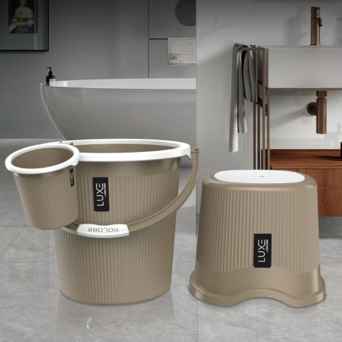 Image of KOLORR Luxe Bathroom Set (Bucket 20L x 2) + (Mug 1.5L x 2) + (Luxe Patla x 1)|Sturdy and Durable |Lightweight| Easy to Clean and Attractive Design|Pack of 5| Ratan LT Brown