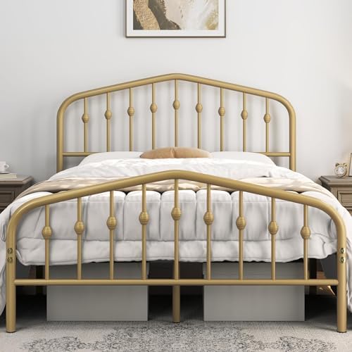 Yaheetech 4ft6 Double Bed Frames Metal slatted Bed Base with Crown-inspired Design Headboard/Spacious Under-bed Storage Antique Gold