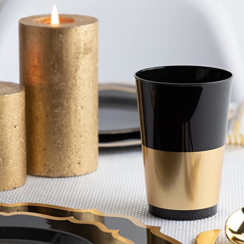 PLASTICPRO Disposable 12 oz Black Plastic Tumblers With Gold Band for Parties & Weddings | Pack of 40