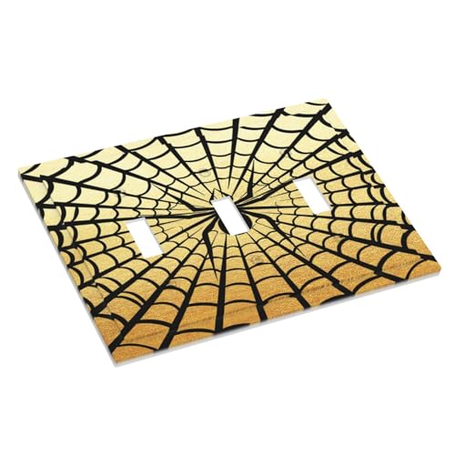 Decorative Switch Plate Covers Black Spider Spiderweb on Golden Background 3 Gang Light Switch Cover Plate Triple Toggle Wall Plate Light Switch Covers for Bedroom Home Decor