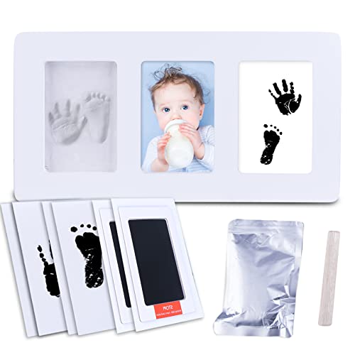 Cadre Empreintes Bébé, Kit Empreinte Bebe Mains pour Liste de Naissance, Kits de Moulage et d'impression (Blanc) (L-35 * 18cm) Cover