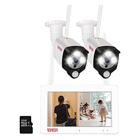 (Touchscreen & 2 Way Audio) Tonton Wireless CCTV Camera System, 4CH NVR with 7 Inch LCD Monitor and 32GB, (2) 3MP Floodlight IP Cameras with Color Night Vision, PIR Motion Detection, Work with Alexa Cover
