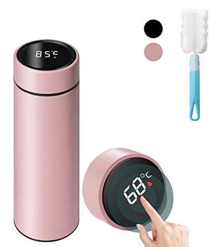 Termo Inteligente,Salandens Botella de Agua Inteligente,500 ml / 17 oz Termo Taza inteligente, Frasco de Vacío Acero Inoxidable, Pantalla LED Táctil Inteligente con Temperatura, para Exteriores, Oficinas, Hogar(ROSA)