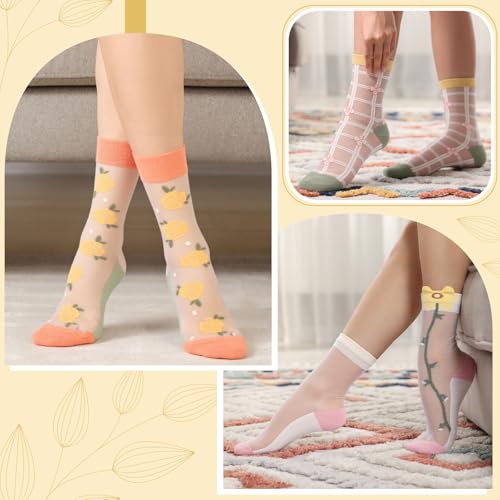 Image of Suhine 8 Pairs Floral Sheer Sock Women Embroidered Jacquard Crystal Glass Socks Thin Mesh Lace for Summer
