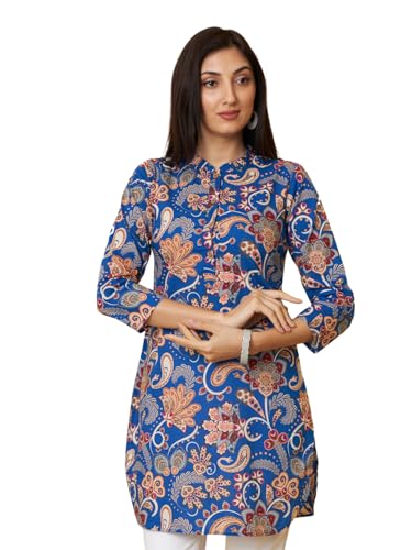 Tissu Women's Blue Floral Printed Pure Cotton Tunic Kurti 2260_Blue_M