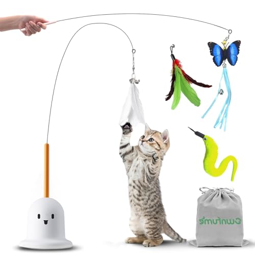 Interactive Cat Toy,Cat Wand Toy with Suction Cup 2.0 Detachable Different Feathers,Automatic Adult Cat Teaser Toy for Indoor Cats Kittens to Play Chase,Fun Gift Pet Toys(White)