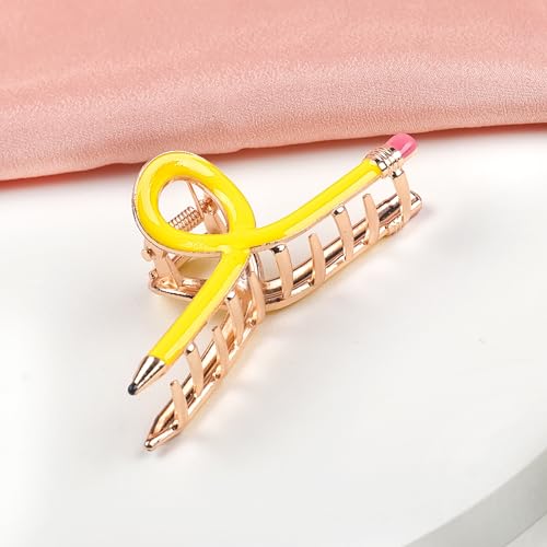 Pinzas para cabello en forma de lápiz amarillas para mujeres, accesorio para el día de regreso a clases, broche metálico divertido para el primer día de escuela miniatura 4