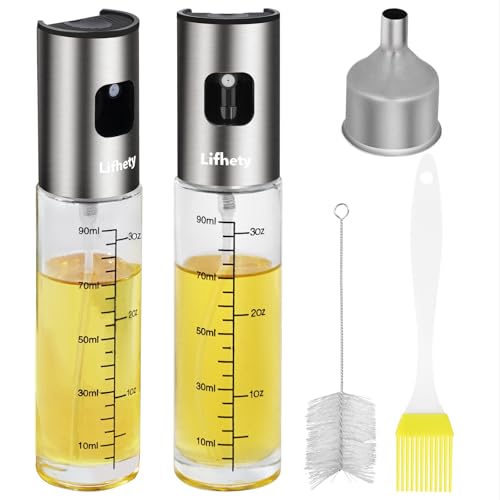 Oil Spray Bottle 2 Pack, 100ml Olive Oil Sprayer for Cooking Air Fryer, Kitchen, Glass Oil Dispenser Leakproof with Large Funnel