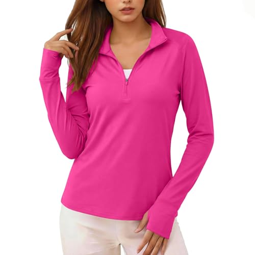 Womens Beach Rash Guard Hoodies Long Sleeve Stand Collar Zip Shirt with Thumb Holes UPF 50+ SPF Sun & UV Protection Hot Pink