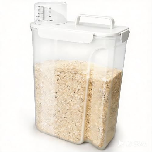 Image of Komzon Rice Storage Containers, Airtight Cereal Containers Storage, with Pouring Spout Portable Handle for Flour, Pasta, Grain and Baking, Pet Dog Cat Bird Food Container 20lb White