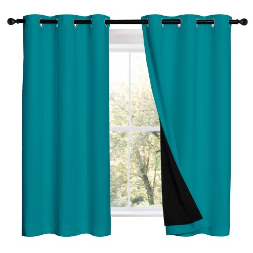 NICETOWN Peacock Teal 100% Blackout Lined Curtains, 2 Thick Layers Completely Blackout Window Treatment Panels Thermal Insulated Drapes for Kitchen (1