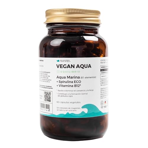 AMAR81 | Espirulina ecológica, Vitamina B12 metilada y Sales Minerales de agua de mar | Suplemento alimenticio para dieta vegana, vegetariana y apetito bajo | VEGAN AQUA | 60 cápsulas