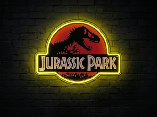 Image of Silver Buffalo Jurassic Park LED Neon Wall Art Die Cut 19 inch x .59 inch x 14 inch | Tyrannosaurus rex logo design, LED neon tube accents, Ready to display decor piece, Boxed presentation packaging