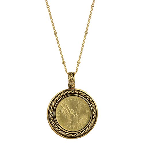 Lord’s Prayer Charm Angel Coin Pendant | Saturn Style Goldtone Chain and Lobster Claw Clasp | Chile 5 Peso | 18 inch Necklace