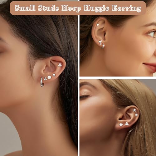 Image of KesaPlan Stud Earrings for Women 14K Gold Plated Hypoallergenic Hoop Earrings Set Small Studs Hoop Huggie Earring Multiple Piercing Star Heart Ball Cubic Zirconia Studs Stacks Trendy for Women Men