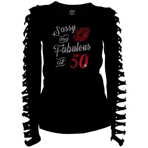 Fashion2ne1 Sassy and Fabulous at 50 Bling T-Shirt, Women Rhinestone 50th Birthday Shirt Ripped Cut Out Long Sleeves (Medium) Black Cover