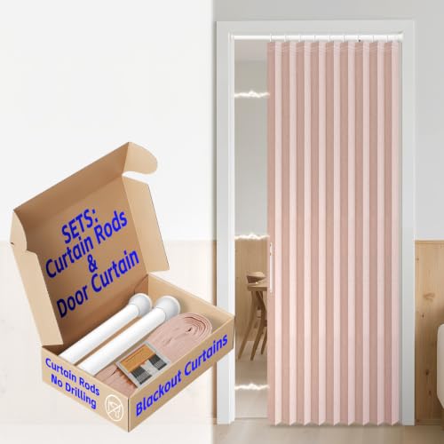 Image of AJAZZ Blackout Curtain with Curtain Rods Adjustable 28-39 inch Long Invisible Accordion Doors Interior Magnetic Door Curtain Front Door Curtains for Glass Window Sets (1 Pack, 42 W x 78 L,Pink)