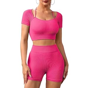 ATTRACO Workout Sets for Women 2 Piece Outfits Seamless Ribbed Short Sleeve Crop Top High Waist Shorts