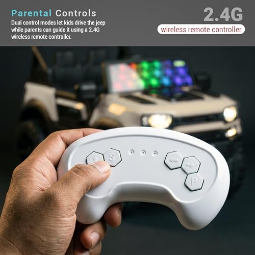 Image of Baybee RoverX Battery Operated Jeep for Kids with Parental Control | Baby Ride On Electric Car with RGB Lights, Music & Swing Mode | Rechargeable Battery Car for Kids 2 to 6 Years Boys, Girls (Desert)