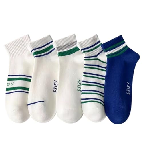 5 Pairs of Men's Ankle Socks, Summer Thin Breathable Cotton Socks, Trendy Striped Sports Socks, White & Blue