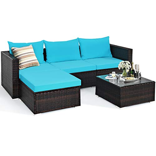 Tangkula 5 Piece Outdoor Patio Furniture Set, Sturdy Frame And Weight Capacity Up To 360 Pound, Wicker Sectional Sofa Set With Glass Top Coffee Table, Porch Garden Poolside Furniture For 4 (Turquoise) #TOP18
