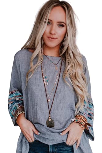 Three Bird Nest Fallon Embroidered Sleeve Poncho - Boxy Cut Pullover, Bohemian Style Kimono, Gray