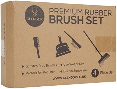 Glengor Premium Rubber Broom & Dustpan Set | 4 Piece Set | Dustpan and Brush | Long Broom | Pet Hair Brush | Built in Squeegee | Hand Brush | Great for Carpets, Kitchen Floors, General Sweeping, Rake