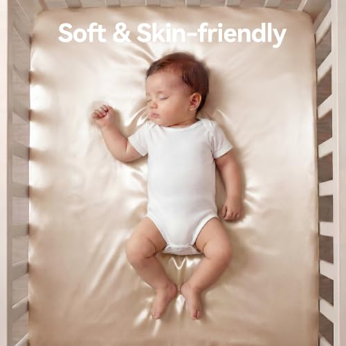 Image of Satin Crib Sheet for Baby Hair Care - Oeko-TEX Certified Silky Soft Fitted Mattress Cover 28x52 - Breathable & Gentle on Skin, Snug Fit for Standard Crib (Champagne)
