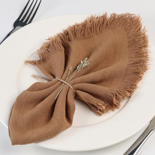 Dololoo Servilletas de tela hechas a mano con flecos, 18 x 18 pulgadas, juego de 6 servilletas de lino de algodón versátiles hechas a mano cuadradas rústicas para cenas, bodas y fiestas, color gris
